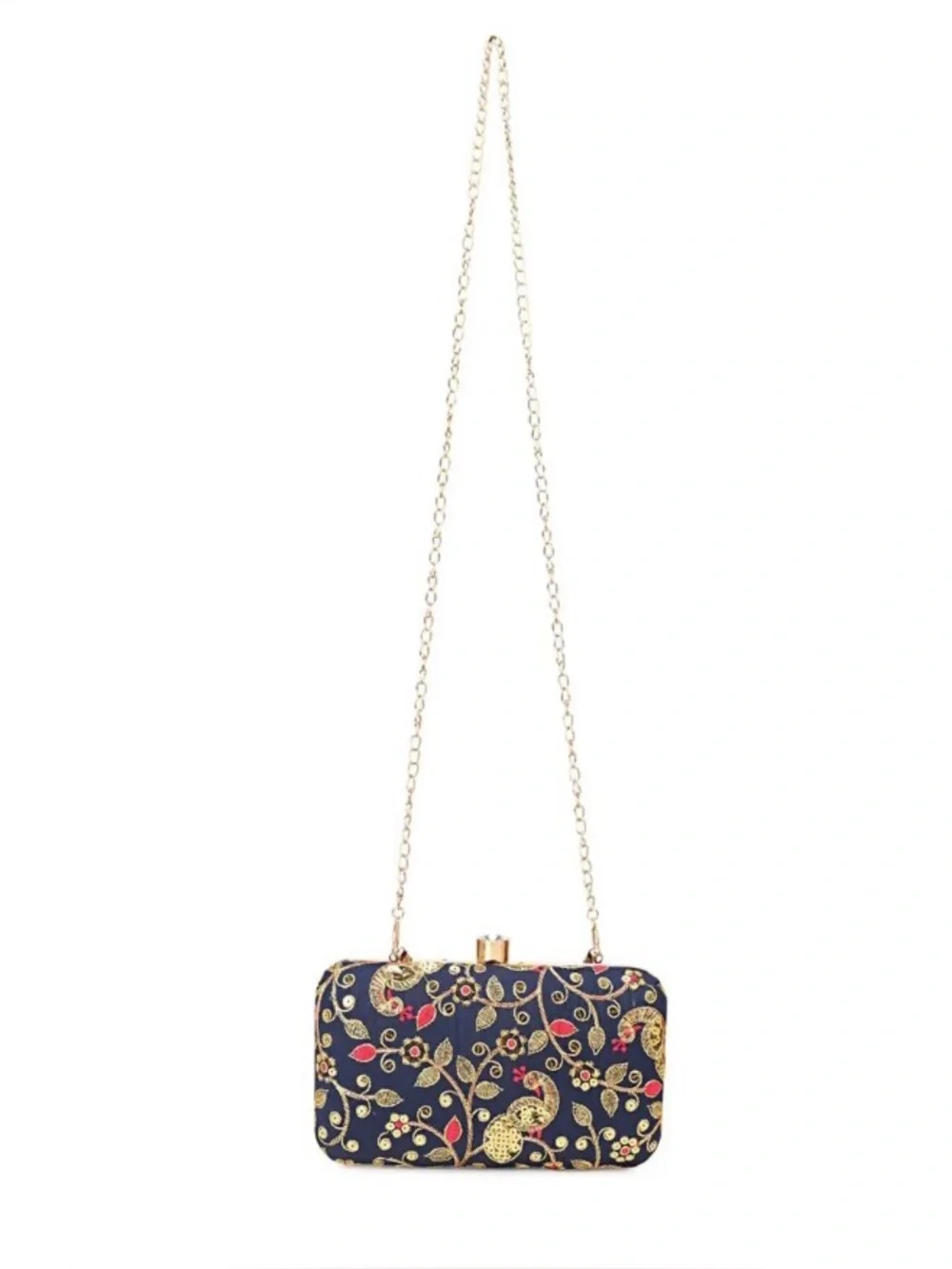 Longing to Buy Handmade Designer Box Clutch Zari Embroidered Navy Gold Floral
